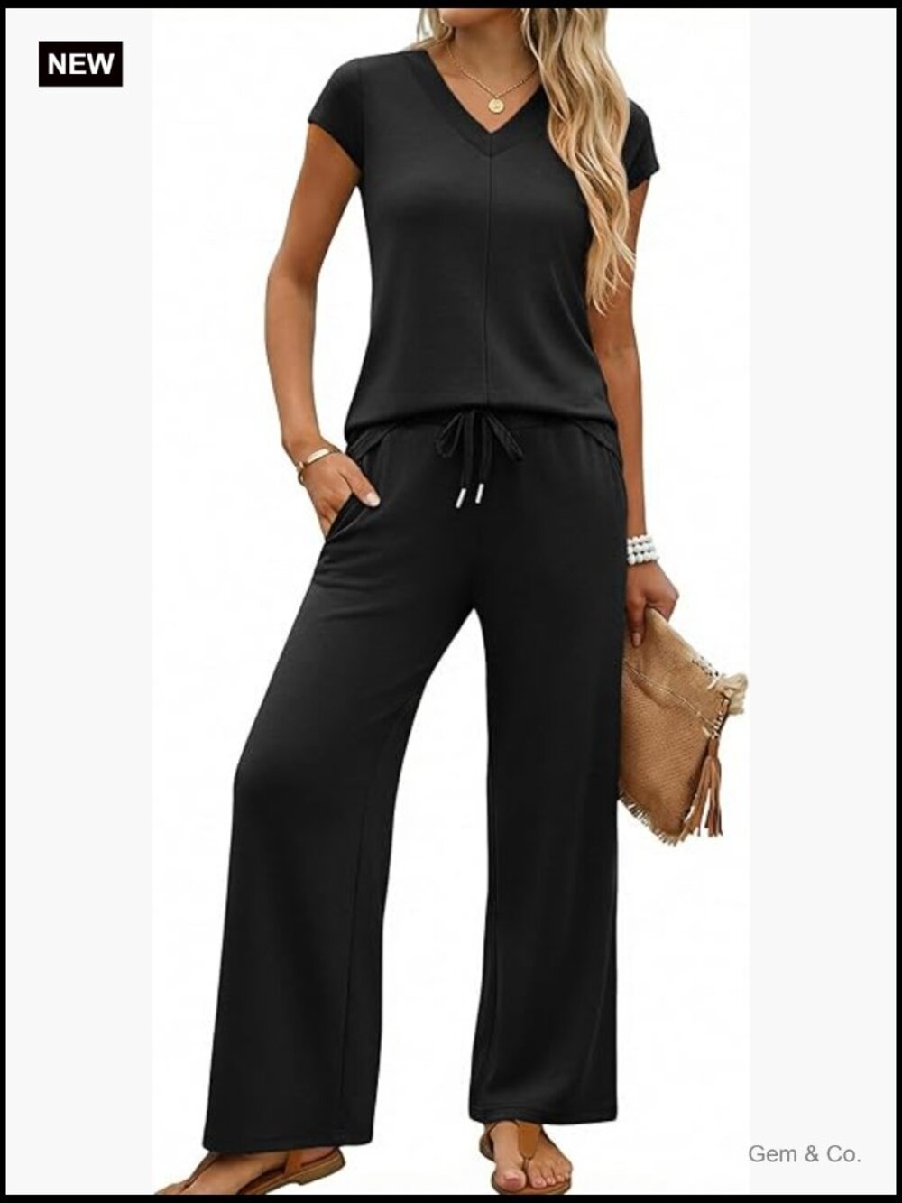 V Neck Wide Leg Pant Set Side Slit Summer Travel Outfits Lounge Set